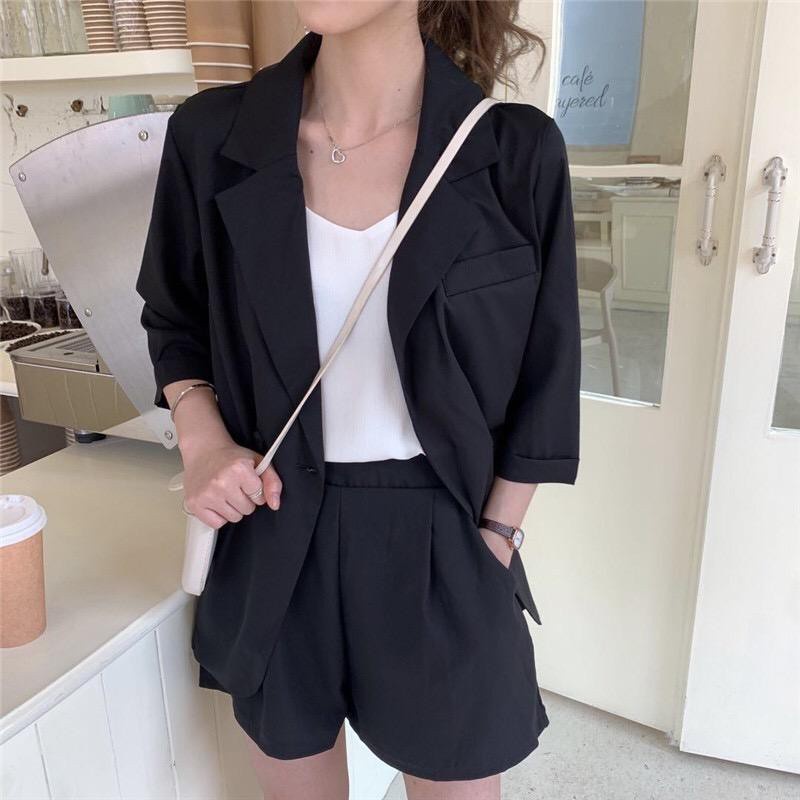 Set Đồ Nữ Bộ Áo Khoác Blazer Vest + Quần Short Ống Rộng Chống Nắng Phong Cách Hàn Quốc Cổ Điển Thời Trang Xuân Hè Cho Nữ