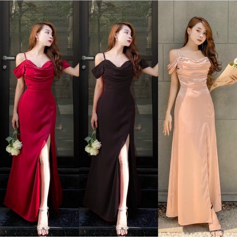 ĐẦM MAXI CỔ ĐỔ RỚT VAI XẺ ĐÙI FULL SIZE S/M/L/XL