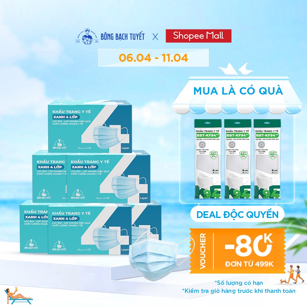 Combo 6 Hộp Khẩu trang Bông Bạch Tuyết 4 lớp xanh (50 cái/hộp)