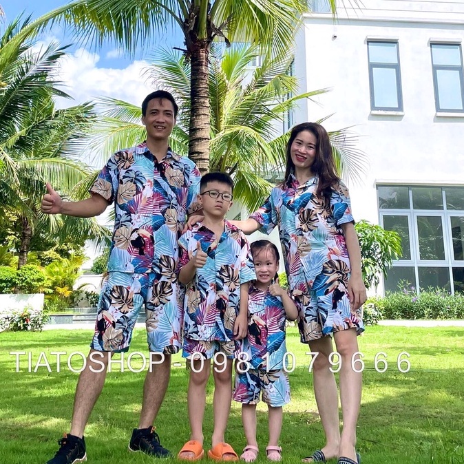 Bộ đồ hè, cộc tay bé trai, bé gái, lanh trái cây, áo hoa đi biển, sơ mi hoa lá