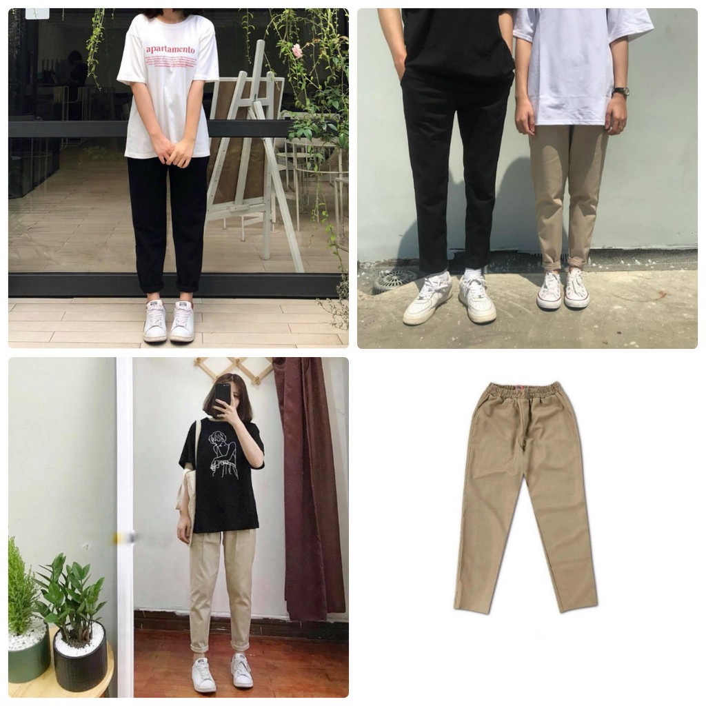 Quần kaki basic có dây rút cho nam nữ, Plaid Pants unisex