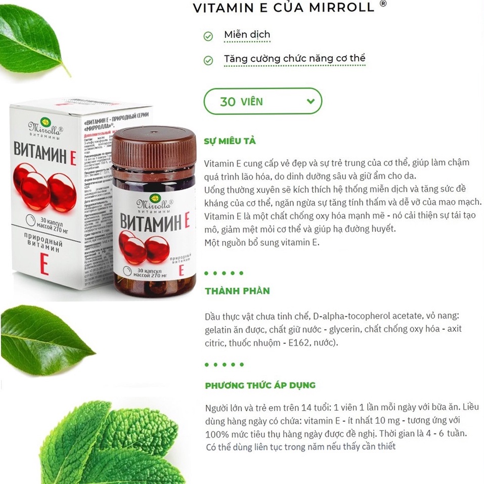 Vitamin E Đỏ Nga Mirrola Viên Uống Đẹp Da Chống Lão Hóa Hàm Lượng 270mg - 400mg Lọ Viên Nang Chính Hãng