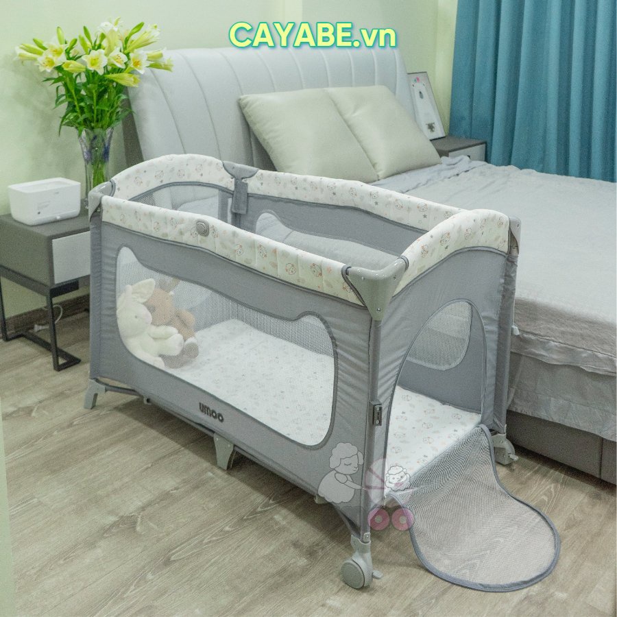 Nôi cũi vải cho bé gấp gọn Umoo UM-08108 hình cừu con đa năng - hạ thành 3 mức làm nôi cạnh giường, bập bênh, có bánh xe