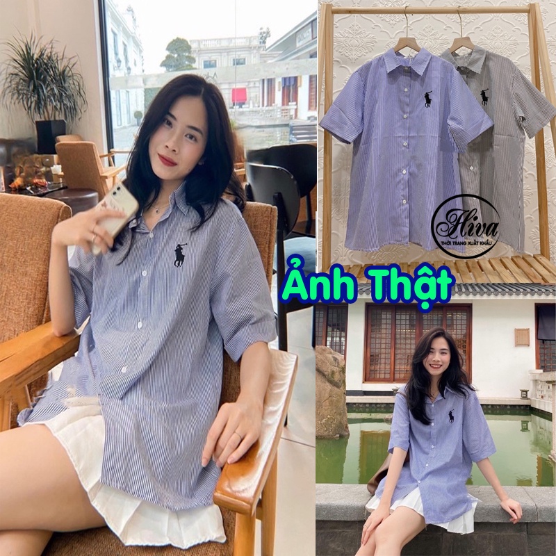 Áo sơ mi nữ form rộng công sở babydoll kẻ cộc tay thêu hình logo ulzzang - Áo nữ kiểu tay ngắn