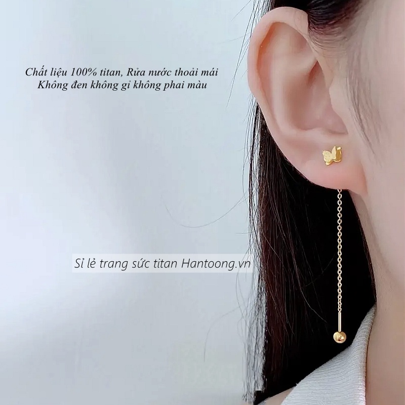 Bông tai dáng dài bằng chất liệu titan không gỉ thiết kế hình bướm phun cát ánh kim lấp lánh thời trang