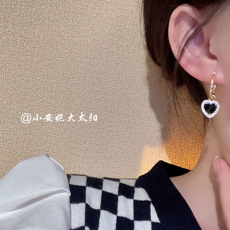 iF YOU Bộ Vòng cổ Và Khuyên Tai Hình Trái Tim Màu Đen Phong Cách Hàn Quốc Cho Nữ