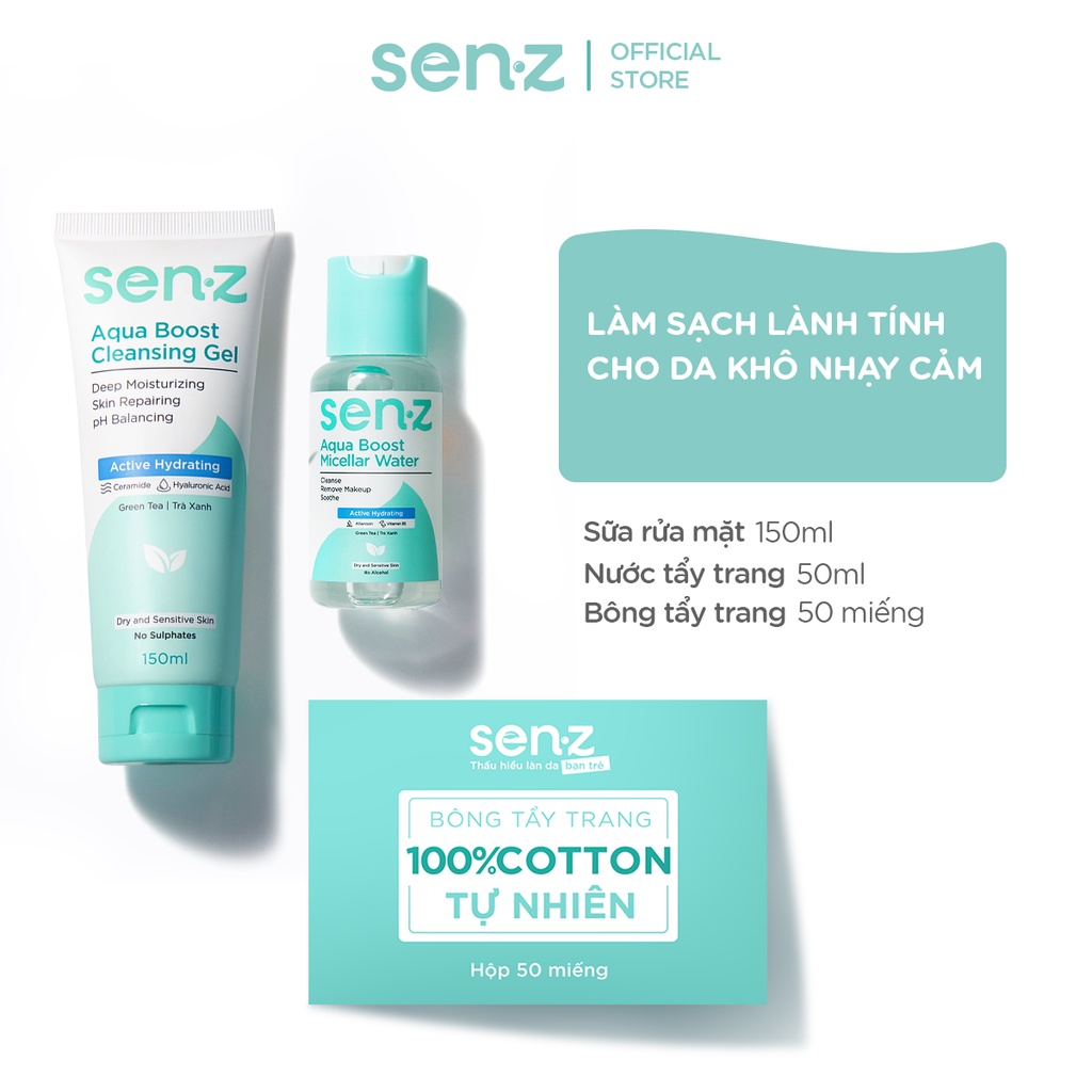 Bộ Sản phẩm Sữa rửa mặt 150ML SenZ Aqua Boost Làm Sạch Lành Tính Cho Da Khô Nhạy Cảm