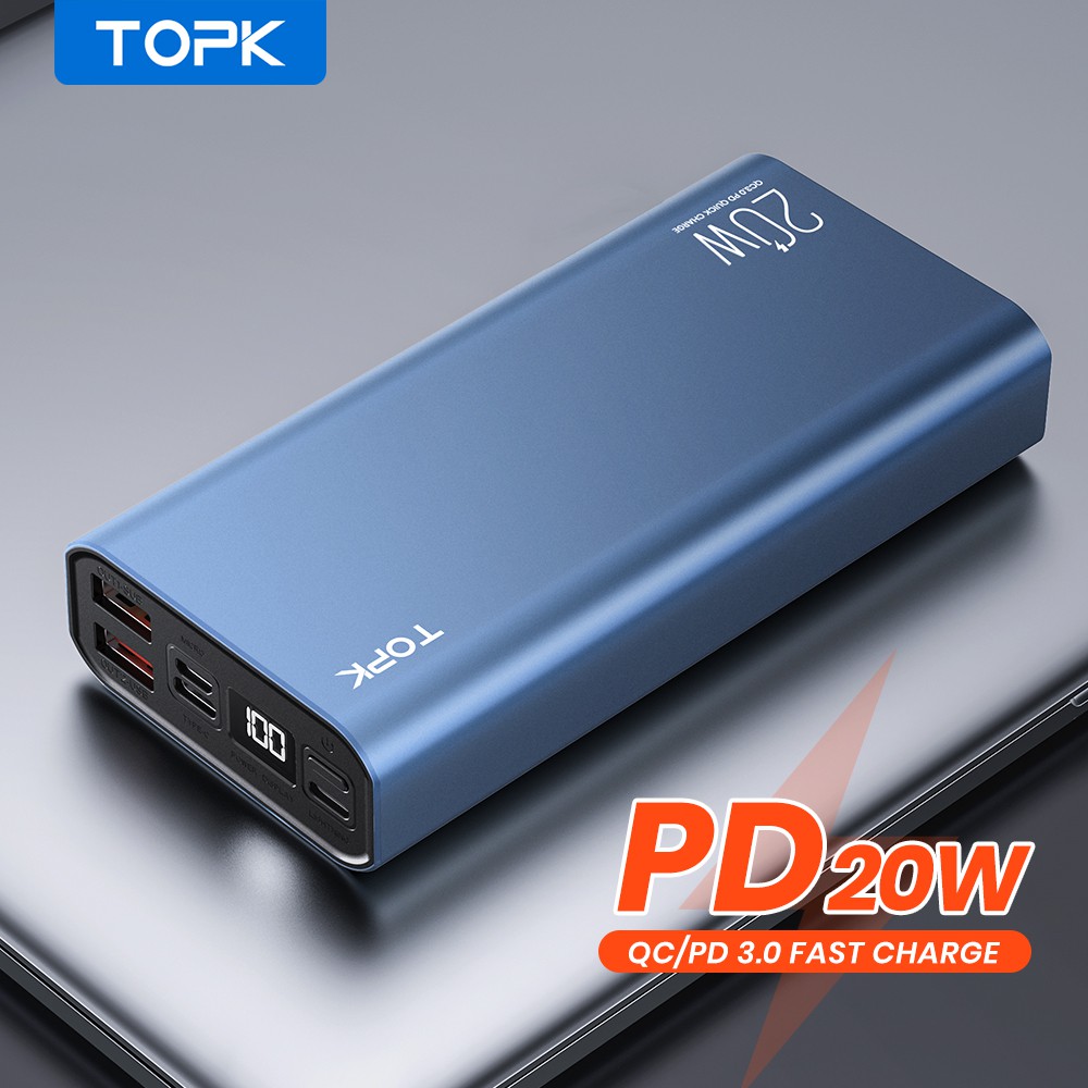 Pin Sạc Dự Phòng TOPK I2006P 20000mAh PD 20W QC3.0 Sạc Nhanh Hiển Thị Màn Hình Điện Tử