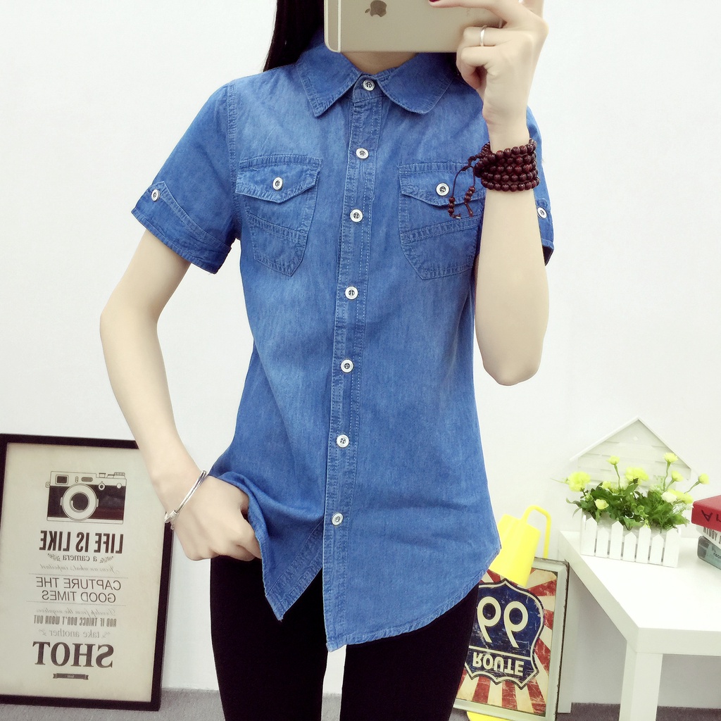 Áo Sơ Mi Denim Tay Ngắn Dáng Ôm Phong Cách Hàn Quốc Thời Trang Cho Nữ