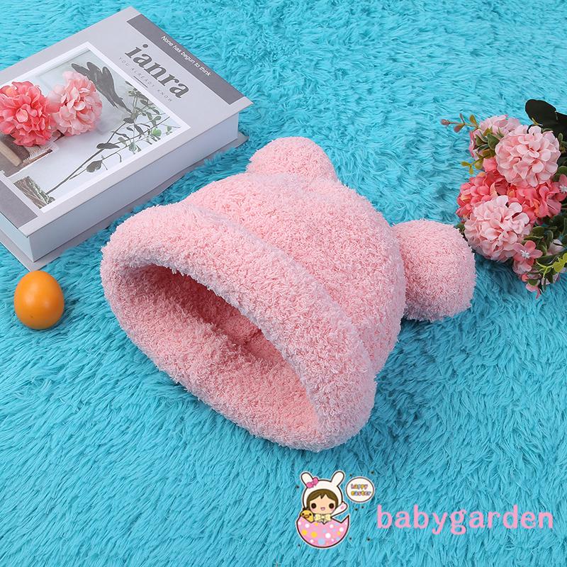 Mũ trùm đầu len lông cừu màu trơn đính hai quả bóng lông xinh xắn thời trang dành cho trẻ em