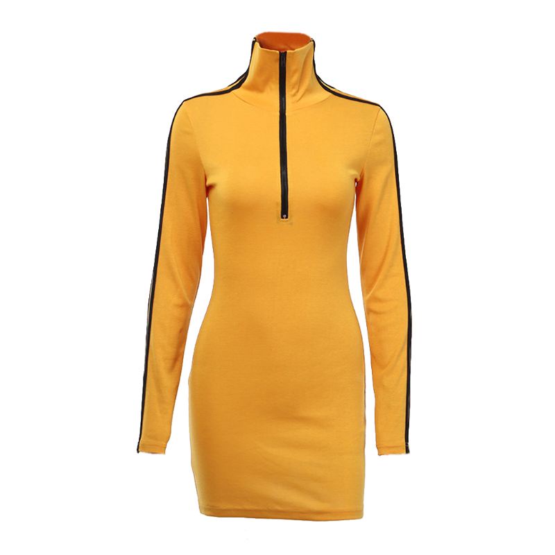 Xiangbao Đầm Ôm Mini Tay Dài Cổ Lọ Màu Sáng Có Dây Kéo Gợi Cảm Cho Nữ