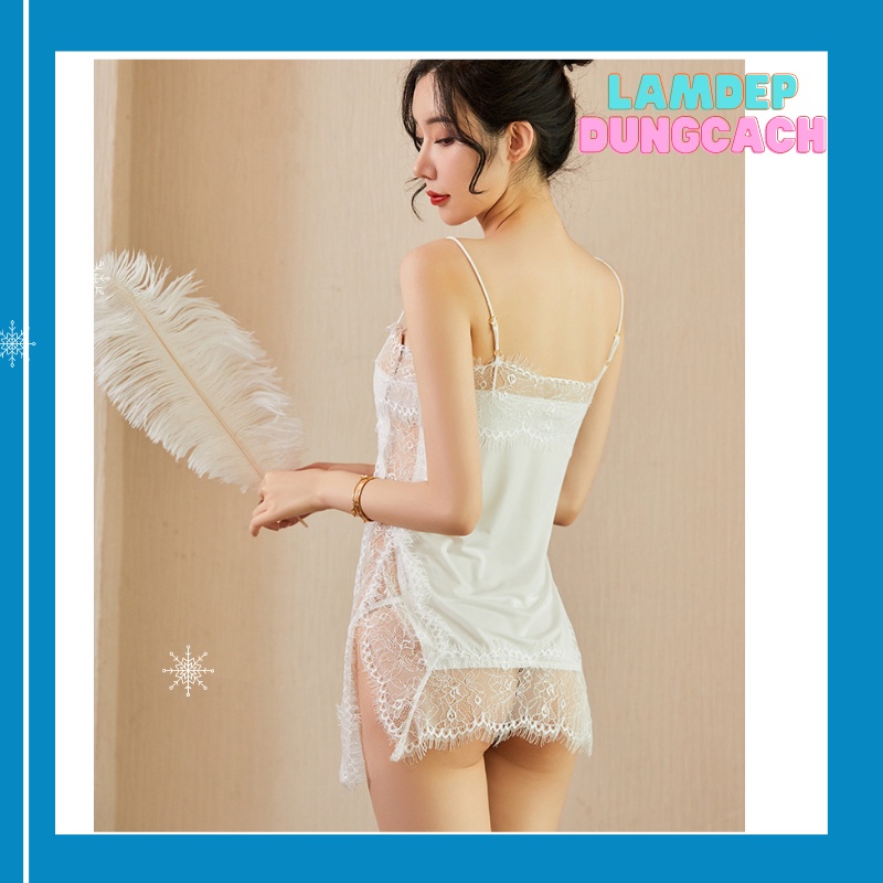 Váy ngủ lụa cotton hai dây sexy gợi cảm phối ren xuyên thấu -VM1526