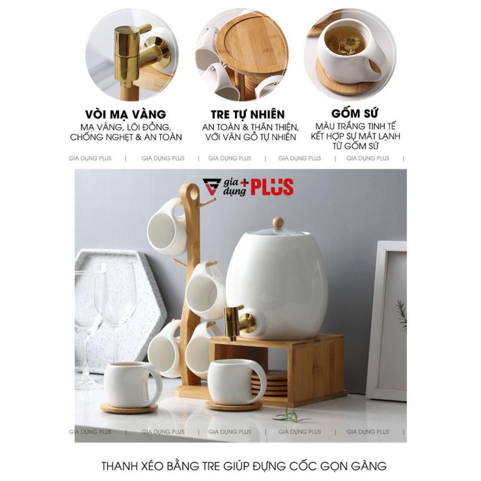 Bộ Chum Đựng Nước Sứ Có Vòi 3 Lít Kèm Kệ Gỗ & 6 Cốc Sứ Màu Trắng Cao Cấp