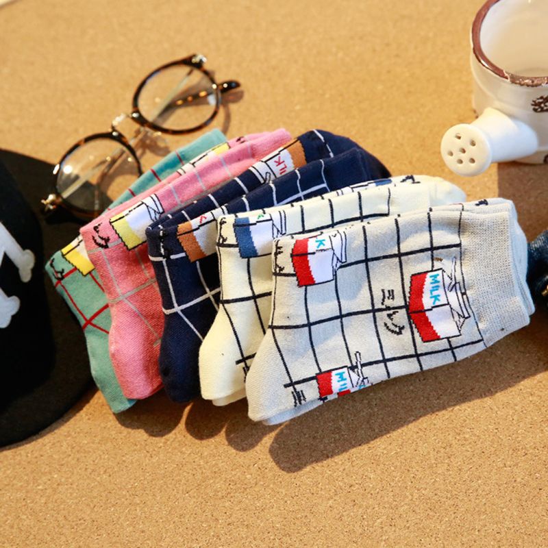 Youyo Vớ Cotton Dài In Họa Tiết Hộp Sữa Hoạt Hình Kẻ Sọc Caro Cho Nữ