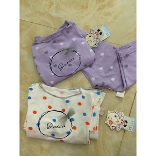 Bộ cotton bé gái màu tím chấm bi