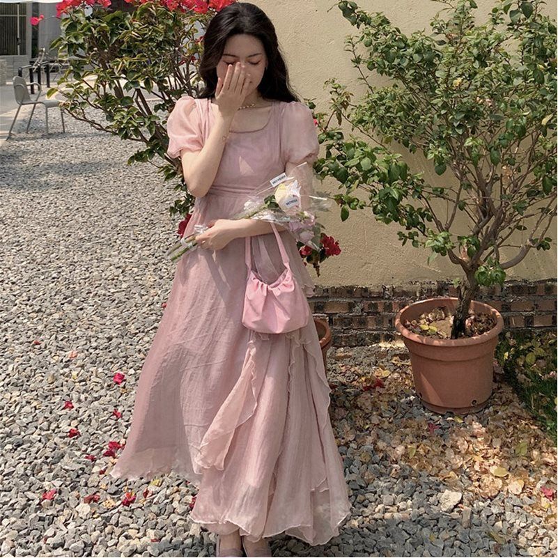 Đầm Tay Ngắn Chiết Eo Kiểu Dáng Ngọt Ngào Thời Trang