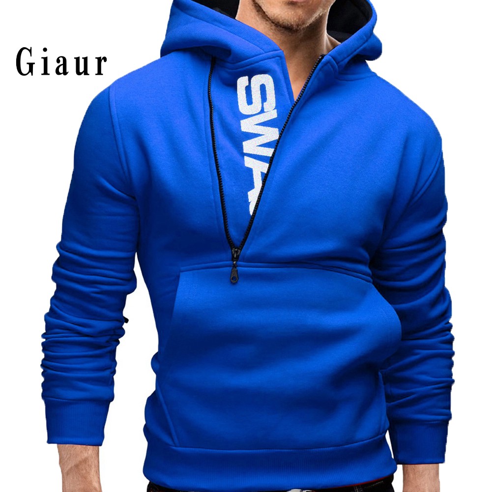 Lowprice  Sports Men Plus Size Slant Zipper Letter Hoodies Long Sleeve Hooded Sweatshirt