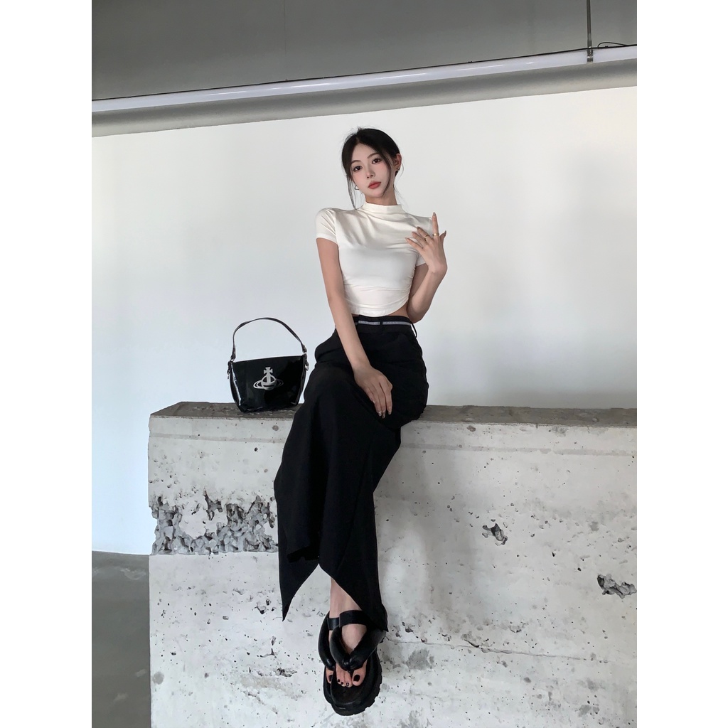 Bộ Áo Ngắn / Chân Váy Lưng Cao Xẻ Tà Đơn Giản Thời Trang Dành Cho Nữ