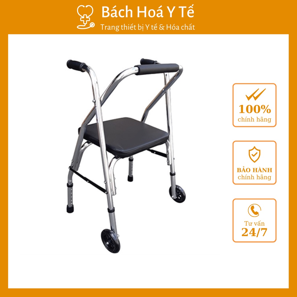 Khung tập đi Inox cho người già có ghế ngồi giúp hỗ trợ người già, hồi phục sau biến cố.
