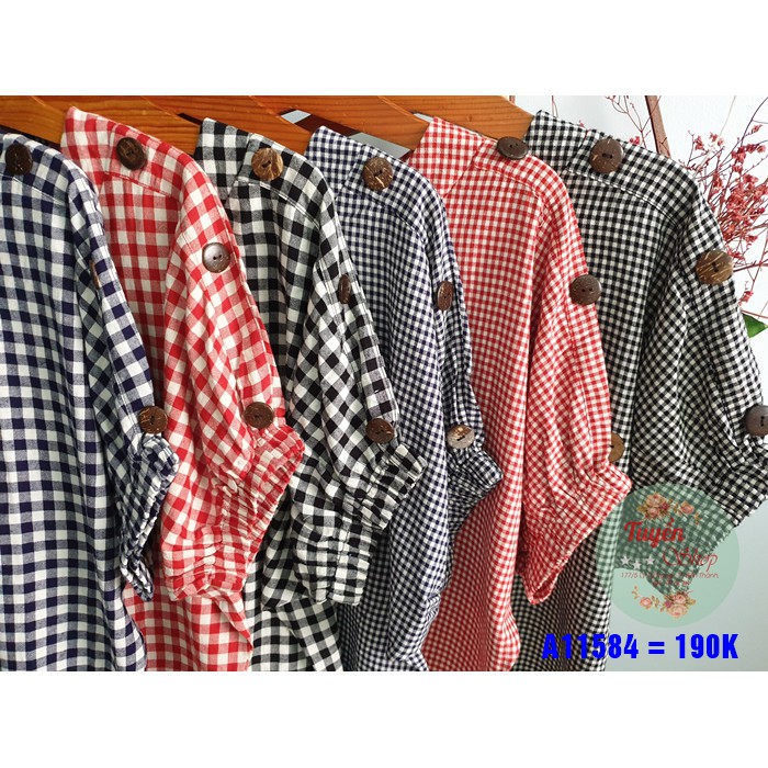 Áo caro tay dơi bo thun cầu vai nút