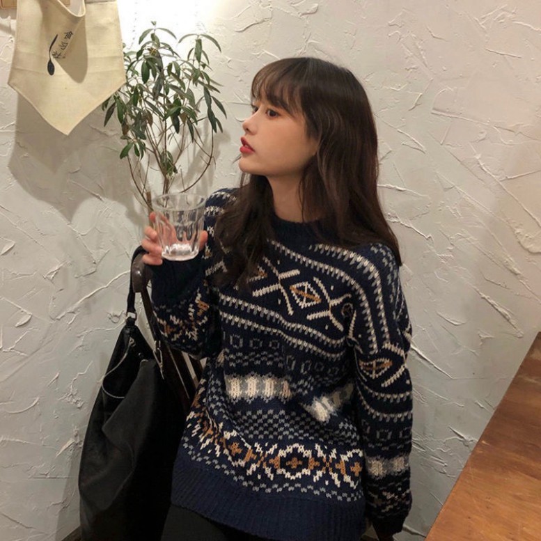 Áo len nữ form rộng dài tay dáng dài họa tiết kẻ caro to kiểu dáng ulzzang cổ tròn hàn quốc LADY QUẢNG CHÂU | BigBuy360 - bigbuy360.vn