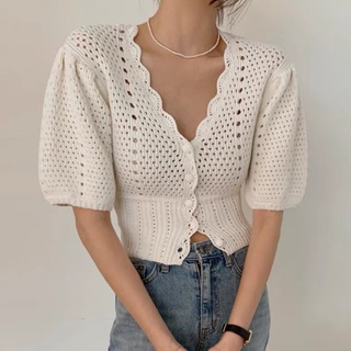 Áo len móc áo blouse tay phồng phối nút