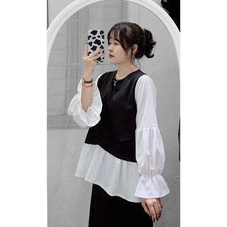 Áo sơ mi áo kiểu babydoll tay bèo phối màu đen trắng