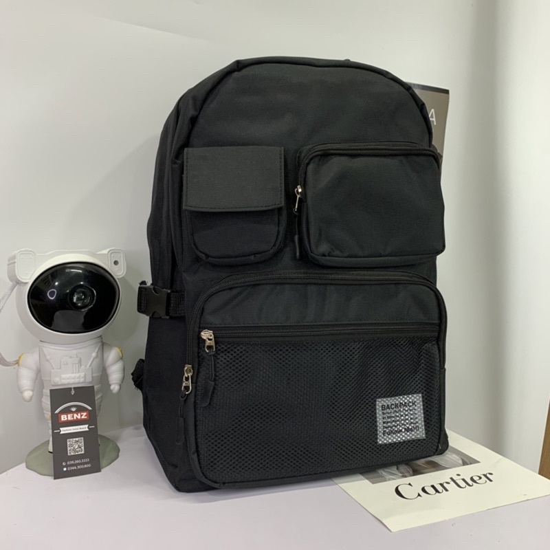 Balo thời trang backback đen phối lưới nam nữ bassic nhiều ngăn có ngăn đựng laptop chất vải canvas chống thấm nước B 97