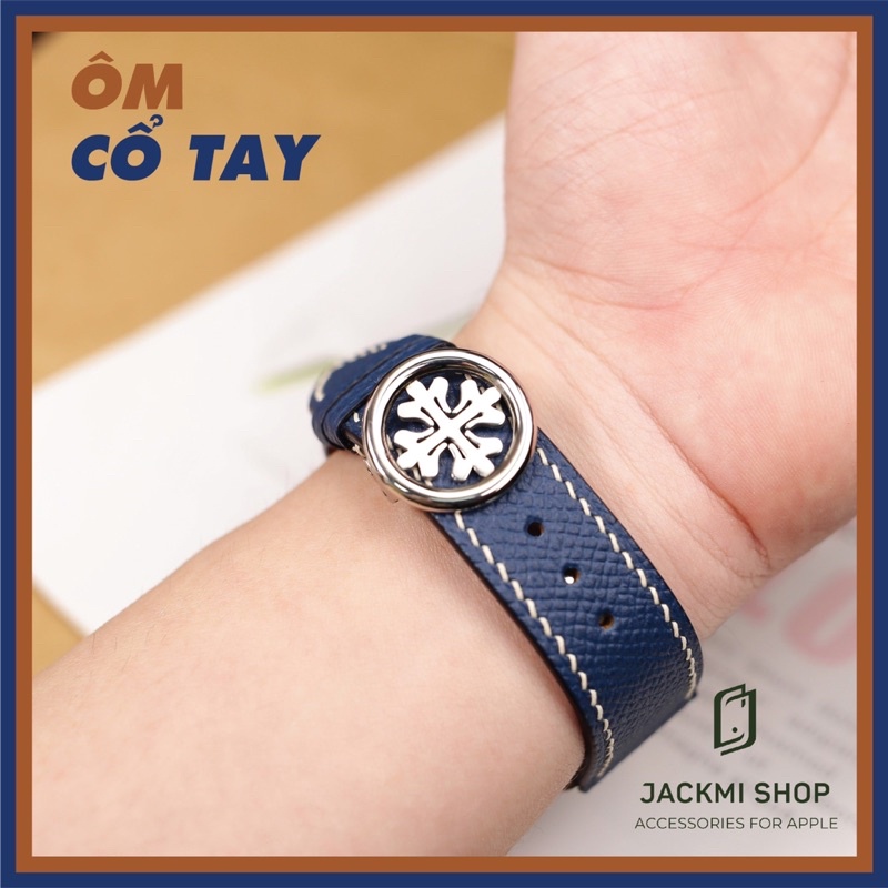 [DÂY DA THẬT]DÂY DA BÊ EPSOM MAY TAY THỦ CÔNG XANH NAVY CHỈ TRẮNG KHÓA PATEK CHO APPLE WATCH SERIES 1=&gt;6(BẢO HÀNH 1 NĂM)