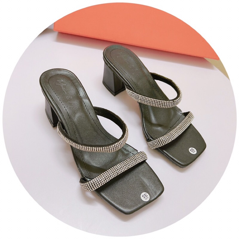 Dép cao gót đế vuông 6p 2 quai đá to đẹp sang hết sức