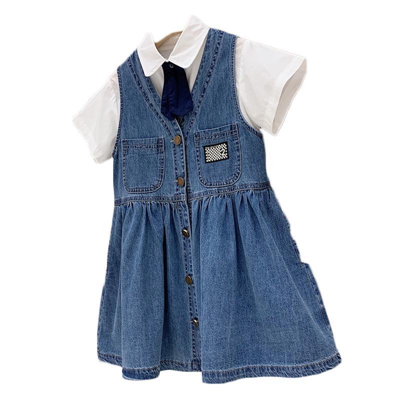 Bộ Áo Sơ Mi Tay Ngắn Và Quần Yếm Denim Thời Trang Mùa Hè Phong Cách Hàn Quốc Cho Bé Gái