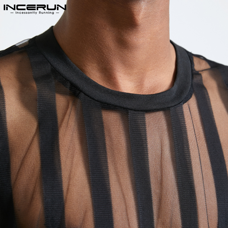 INCERUN Mens Sexy Transparent Striped Round Neck Short Sleeve Long Tops