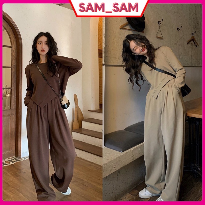 Set đồ nữ - Quần ống rộng và áo thun dài tay lệch tà Chất vải nỉ cotton mềm mịn cho mùa Thu sắp tới các nàng ơi