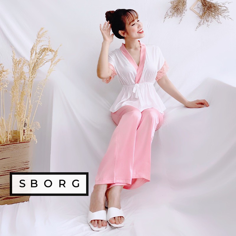 Đồ bộ cao cấp SBORG bộ ngủ mặc nhà đẹp lụa latin mềm mịn mát tay liền phối nẹp dễ thương freesize dưới 55kg quà tặng vợ