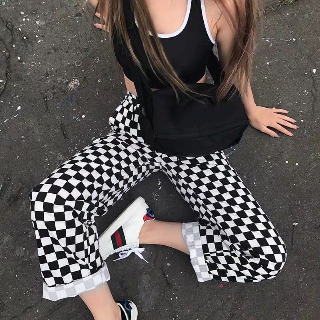 ORDER | Quần kaki ống rộng dáng suông sọc ca rô đen trắng Style Ulzzang siêu chất 😍