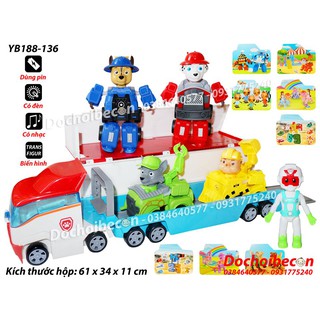 Xe tải chó cứu hộ Paw Patrol + 5 nhân vật YB188-136 - Lắp ráp biến hình 2 in 1 - Có đèn, nhạc - Loại lớn - Nhựa đẹp