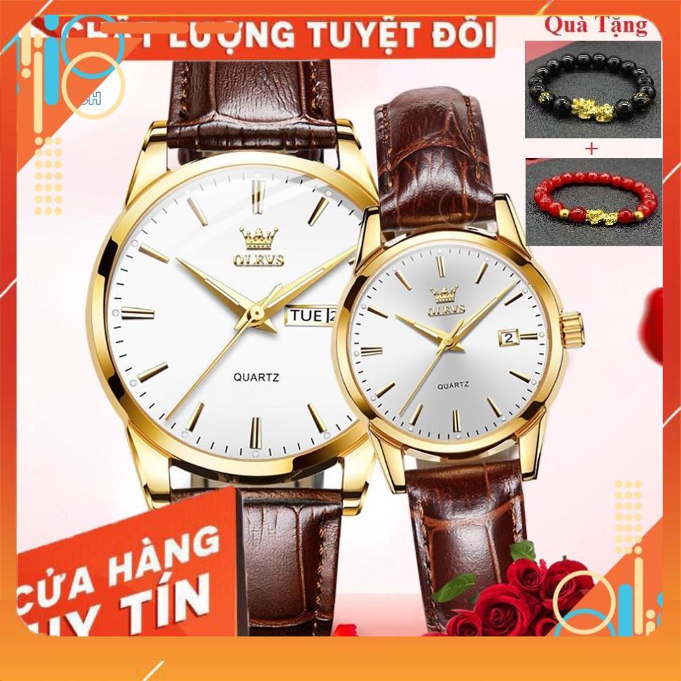 Đồng hồ đôi Olevs Nhật Bản,chống thấm nước,dây da cao cấp,dạ quang,thạch anh,mặt tròn,BH 12t