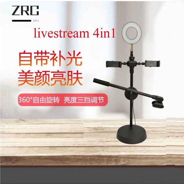 Đèn Live Stream 4in1 Để Bàn Có Chân Đỡ Micro LivesTream Hai Điện Thoại - Bộ Giá Đỡ Điện Thoại Livestream 4in1