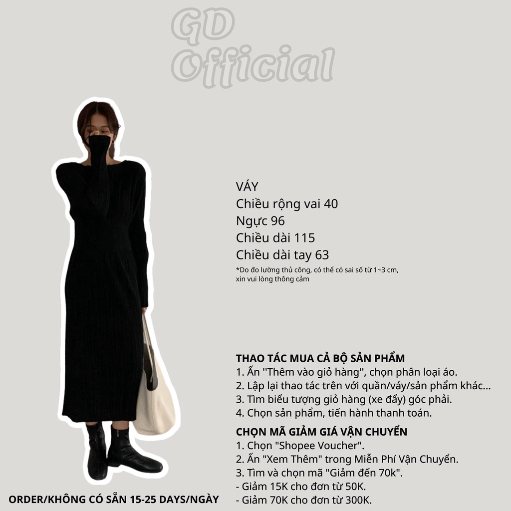 D44|Đầm nữ cổ tròn thiết kế nếp gấp thun co giãn dài tay bo thun thắt lưng thanh lịch, đơn giản màu đen GD Official