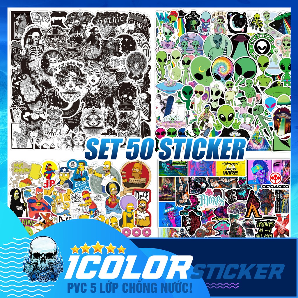 [Set 50 Cái] Sticker ngầu, dễ thương mẫu HOT nhất dán trang trí laptop, mũ nón bảo hiểm, vali, xe tay ga, ván trượt