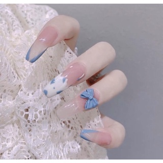 Móng úp thiết kế đính nơ xanh