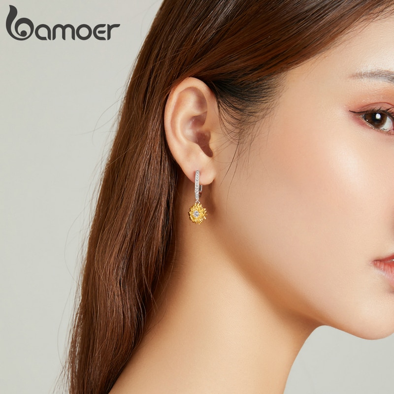 Bộ Trang Sức Bamoer Gồm Vòng cổ + Nhẫn + Bông Tai Bạc 925 Hình Hoa Hướng Dương Đính Đá CZ