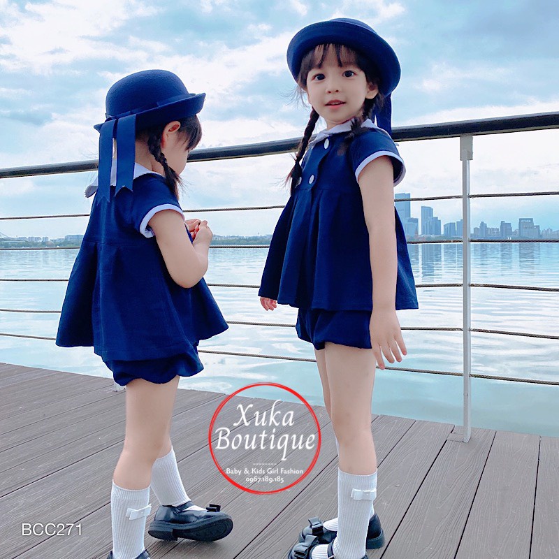 Set Quần Áo Mùa Hè Bé Gái Style Hải Quân SOFT COTTON Cao Cấp 2022 Áo váy cộc tay kèm quần trẻ em