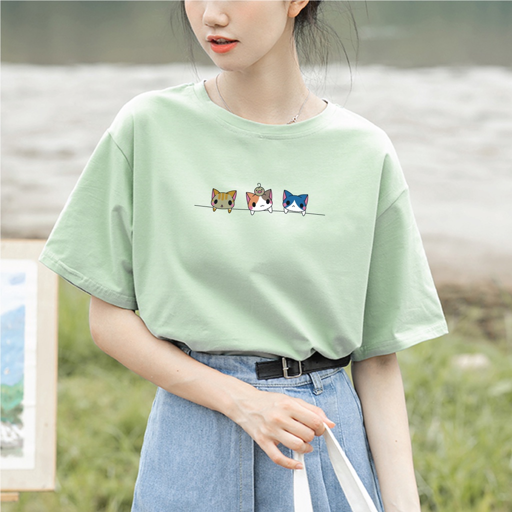 Áo thun nữ KENA form áo đơn giản hình in mèo ngộ nghĩnh vải cotton mềm mát - KAT-107