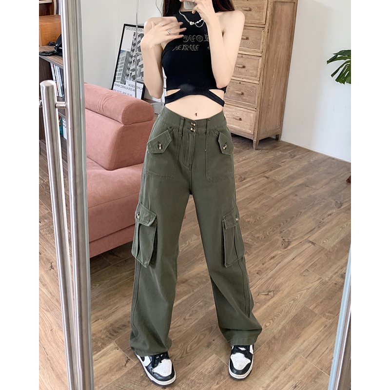 Quần dài XIAOZHAINV lưng cao ống rộng phối túi với 3 màu thời trang retro cho nữ tùy chọn