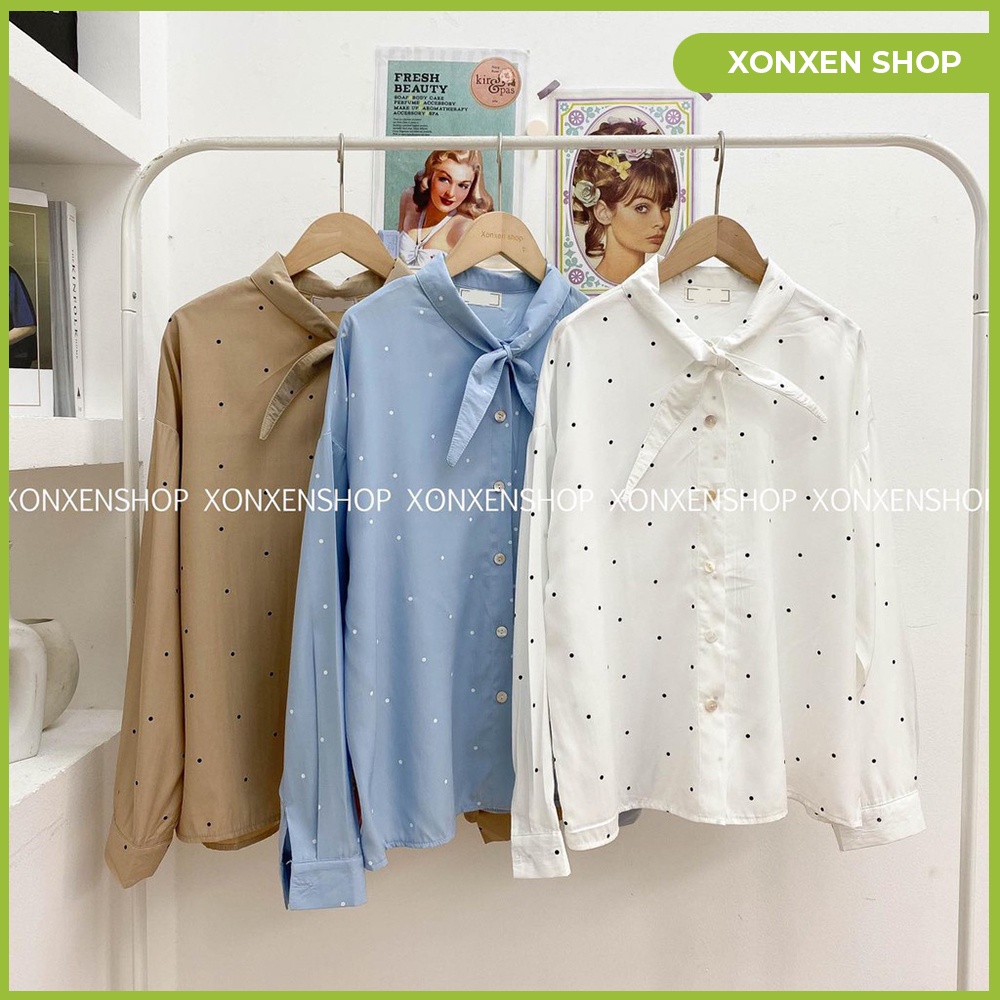 Áo sơ mi kiểu nơ cổ áo sơ mi chấm bi XONXEN SHOP QUẢNG NGÃI freesize mã 155