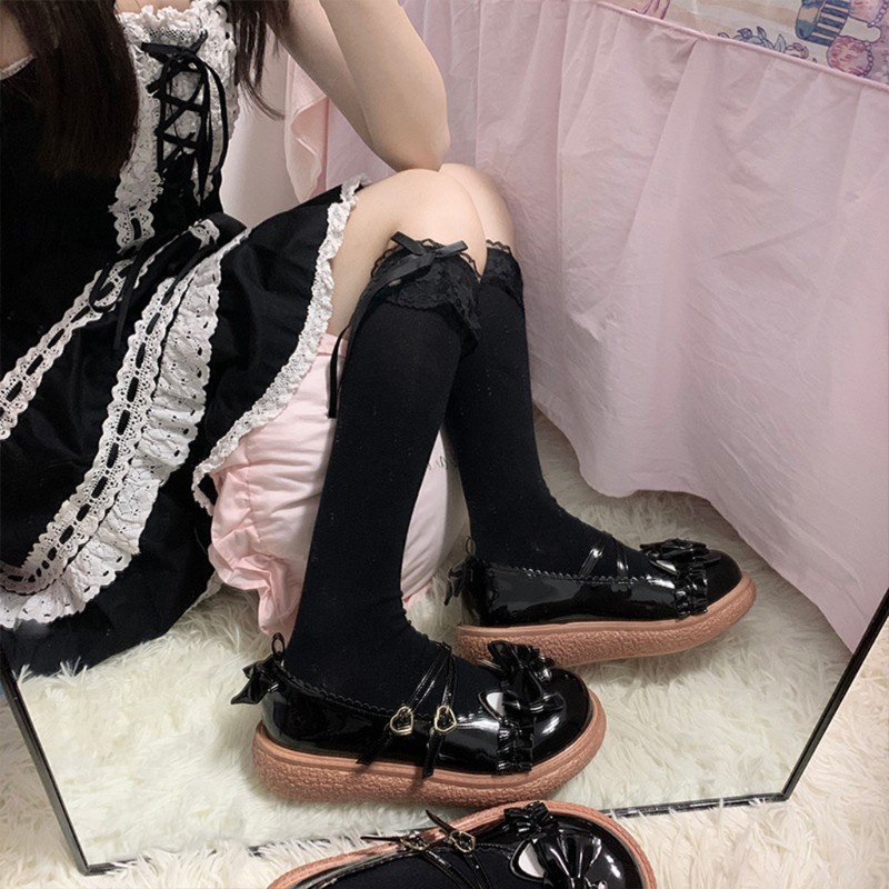 Đôi vớ cotton dài dưới gối phối ren đính nơ kiểu lolita nhật bản dễ thương cho nữ
