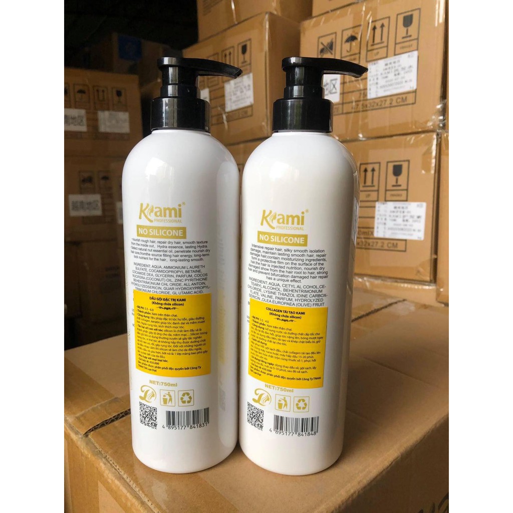 Bộ Dầu Gội Dầu Xả Kami phục hồi tóc hư tổn dạng chai 750ml