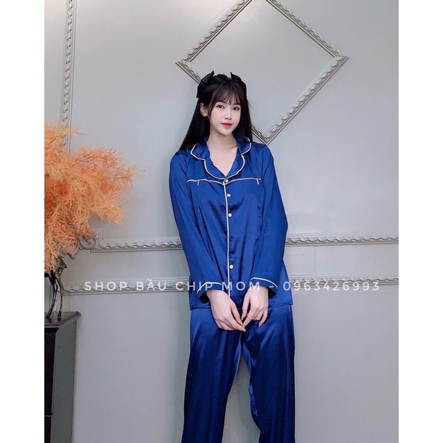 Bộ Lụa Pijama Mặc Bầu và Sau sinh- Chất Lụa gấm đẹp, áo khoá kéo cho bé ti quần chun chỉnh thoải mái