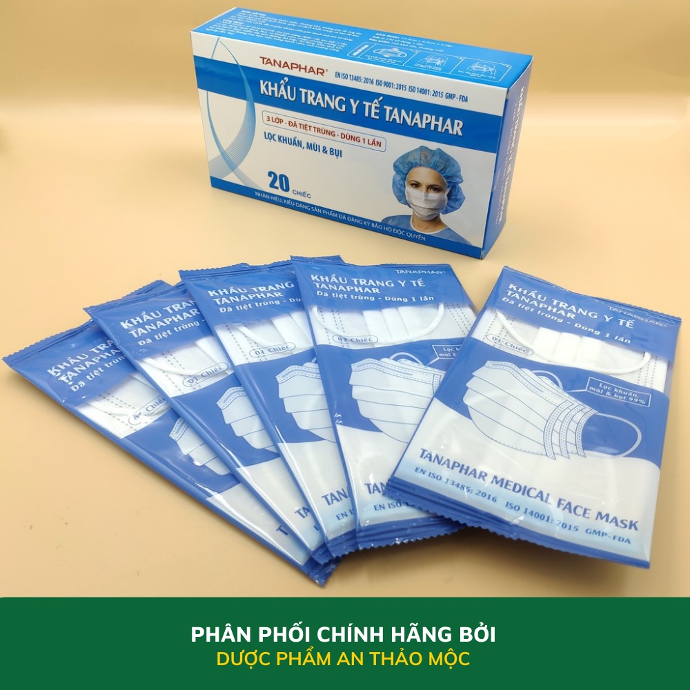 Khẩu trang y tế 3 lớp TANAPHAR không thấm nước không độc hại co giãn tốt lọc khí ngăn cản khói bụi hiệu quả